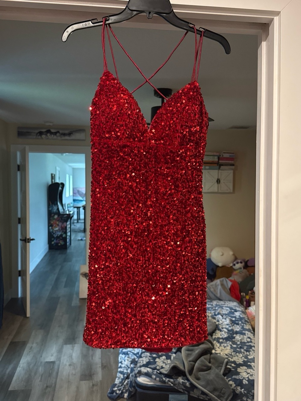 Sherri Hill Red Sequin Corset Back Mini Dress